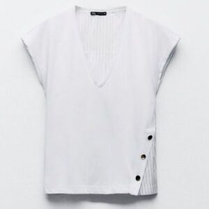 Zara NEW Cotton Poplin Stripe Side Button Vneck Tee Size Small Black/White